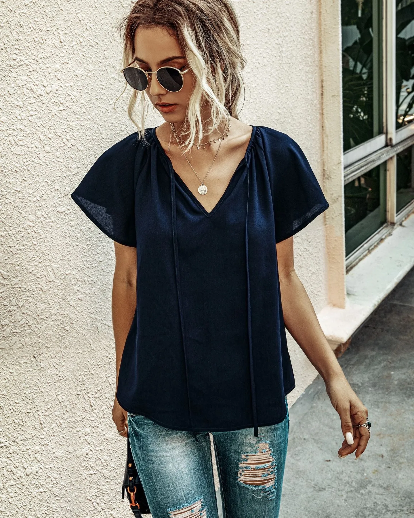 Ruffled Sleeves Lace-up V-neck Blouses T-shirt