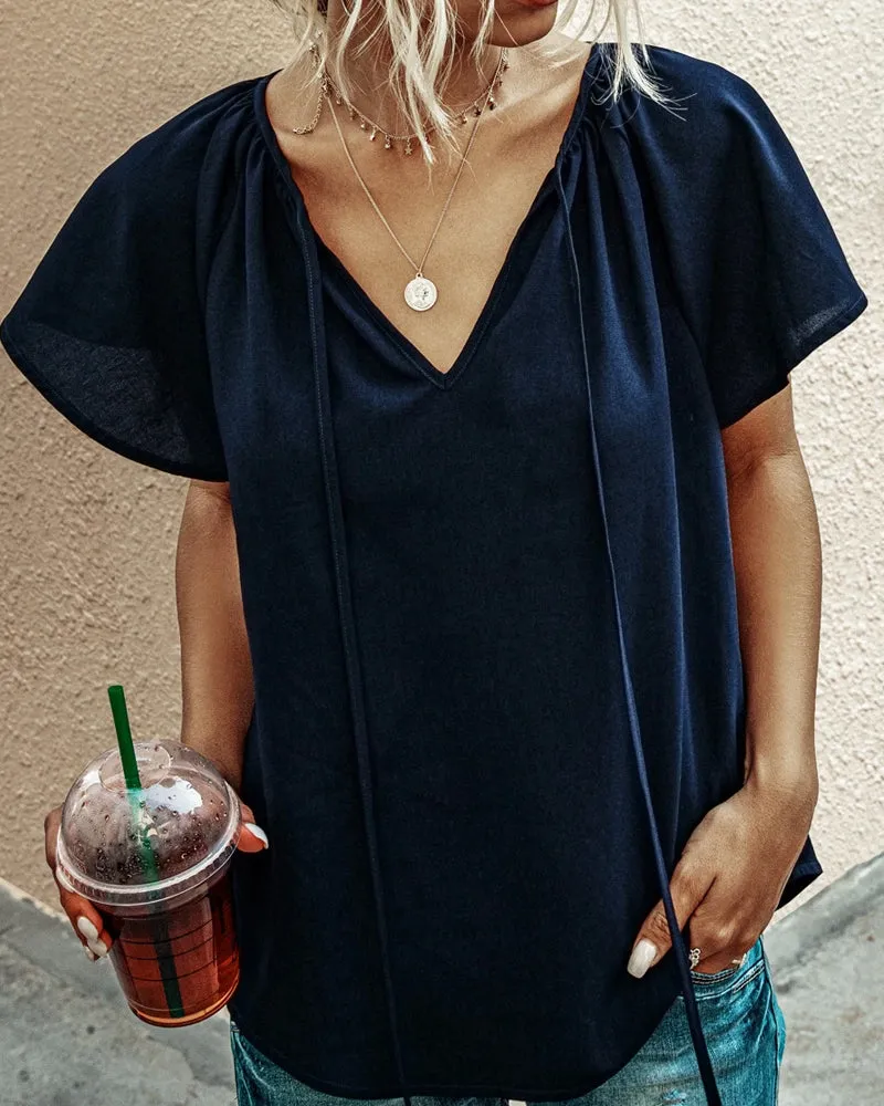 Ruffled Sleeves Lace-up V-neck Blouses T-shirt