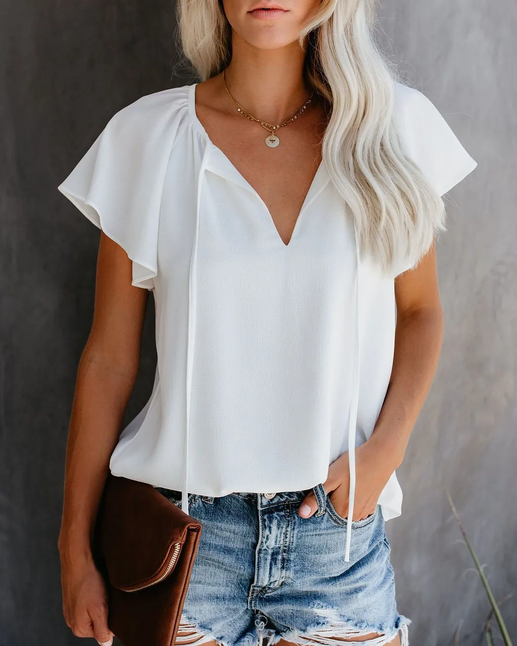 Ruffled Sleeves Lace-up V-neck Blouses T-shirt
