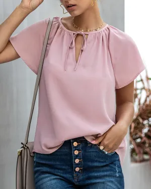 Ruffled Sleeves Lace-up V-neck Blouses T-shirt