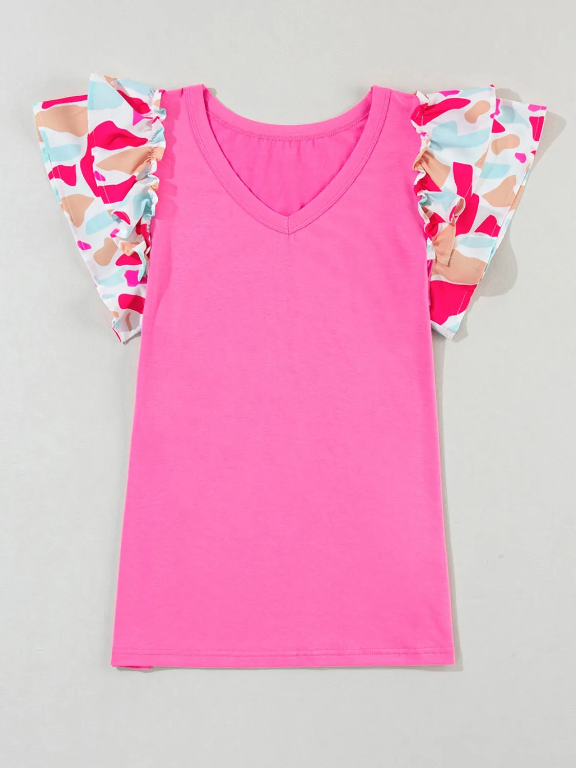 Sandy Ruffled Printed V-Neck Short Sleeve Blouse