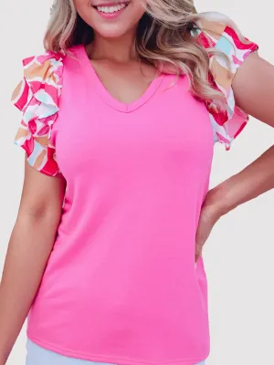 Sandy Ruffled Printed V-Neck Short Sleeve Blouse