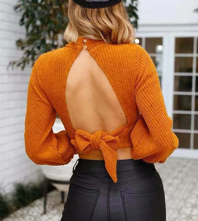 Sexy High Neck Openwork Lace-up Sleeve Sweater