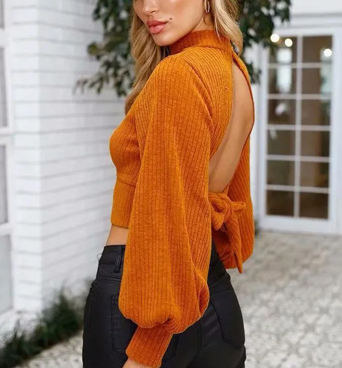 Sexy High Neck Openwork Lace-up Sleeve Sweater
