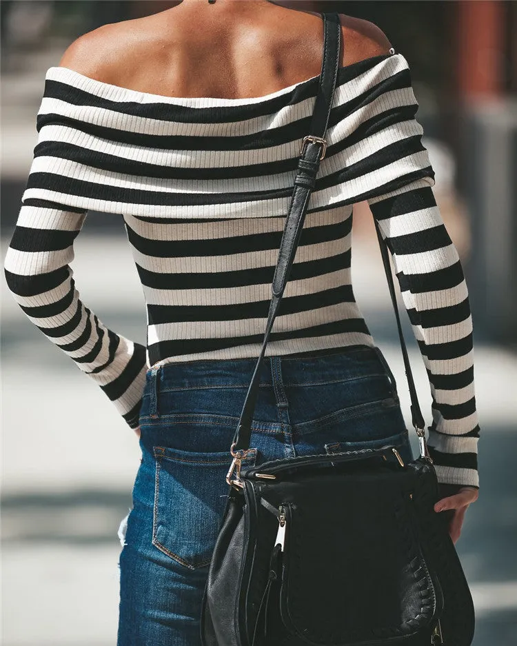 Sexy Word Collar Off-shoulder Long-sleeved Tight-fitting T-shirt