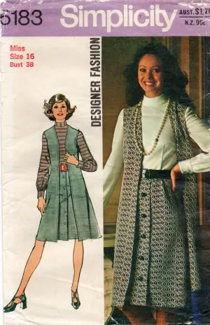 Simplicity 5183 Designer Womens Dress & Vest 1970s Vintage Sewing Pattern Size 14 or 16 UNCUT Factory Folded NO ENVELOPE