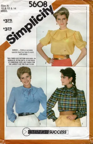 Simplicity 5608 Womens Asymmetric Blouse with Collar Variations 1980s Vintage Sewing Pattern Size 10 - 14 UNCUT Factory Folded