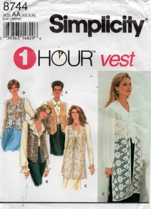Simplicity 8744 EASY Womens Waistcoats & Vests 1990s Vintage Sewing Pattern Sizes XS - M UNCUT Factory Folded