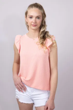 Simply Southern Urban Ribbed Knit Ruffled Sleeve Top for Women in Coral | PP-0125-TEE-KNT-RFL-CORAL