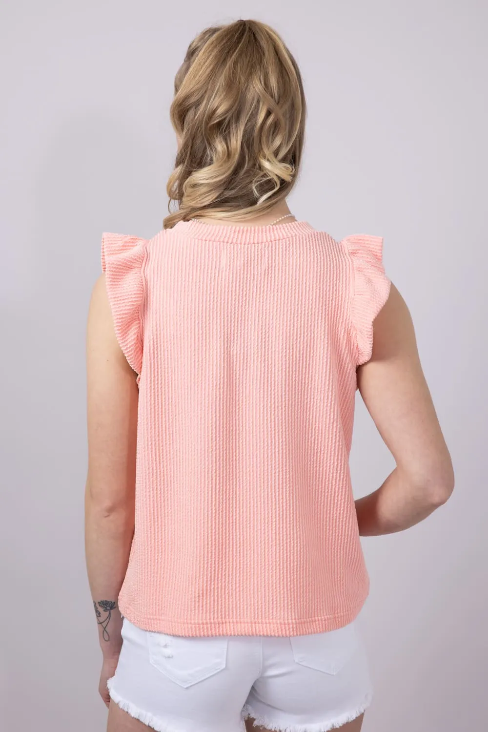Simply Southern Urban Ribbed Knit Ruffled Sleeve Top for Women in Coral | PP-0125-TEE-KNT-RFL-CORAL