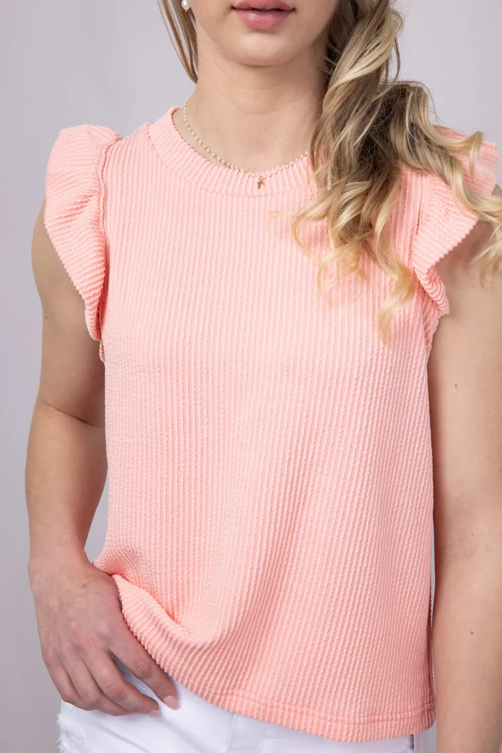 Simply Southern Urban Ribbed Knit Ruffled Sleeve Top for Women in Coral | PP-0125-TEE-KNT-RFL-CORAL
