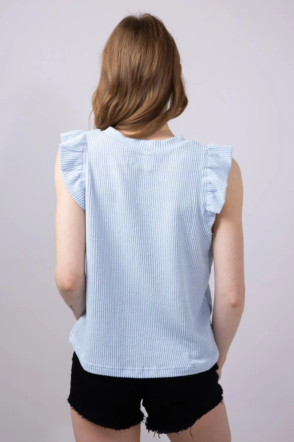 Simply Southern Urban Ribbed Knit Ruffled Sleeve Top for Women in Ice Blue | PP-0125-TEE-KNT-RFL-ICE