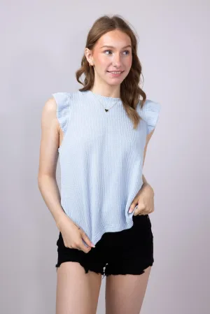 Simply Southern Urban Ribbed Knit Ruffled Sleeve Top for Women in Ice Blue | PP-0125-TEE-KNT-RFL-ICE