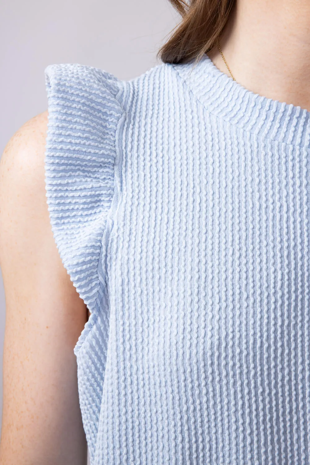 Simply Southern Urban Ribbed Knit Ruffled Sleeve Top for Women in Ice Blue | PP-0125-TEE-KNT-RFL-ICE
