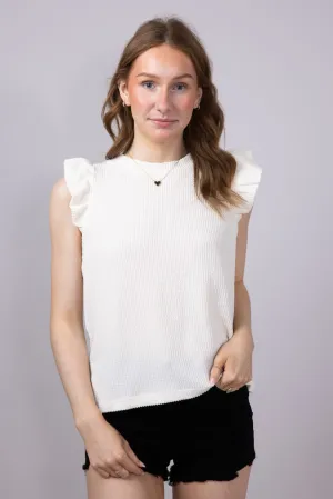 Simply Southern Urban Ribbed Knit Ruffled Sleeve Top for Women in Ivory | PP-0125-TEE-KNT-RFL-IVORY
