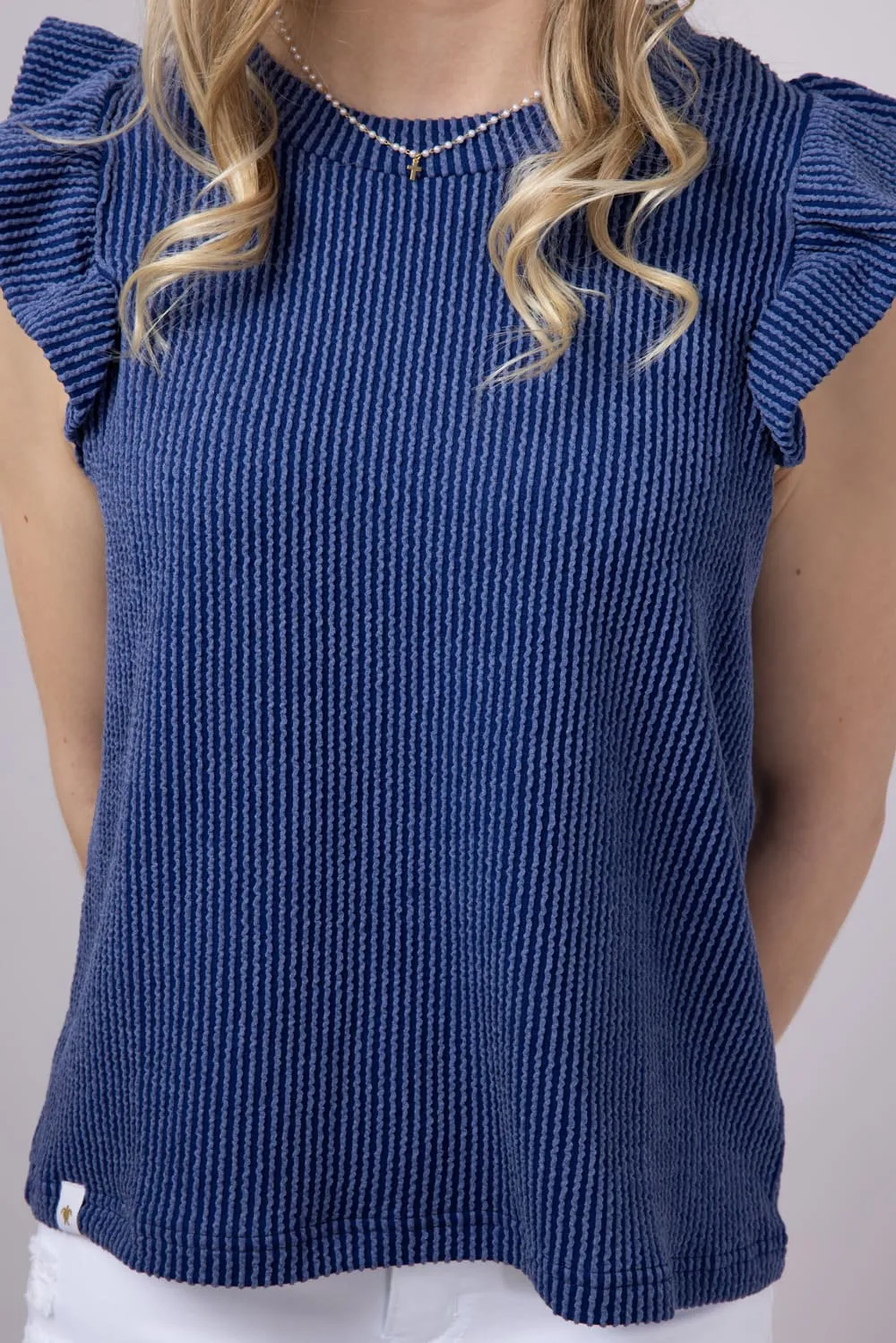 Simply Southern Urban Ribbed Knit Ruffled Sleeve Top for Women in Navy | PP-0125-TEE-KNT-RFL-NAVY