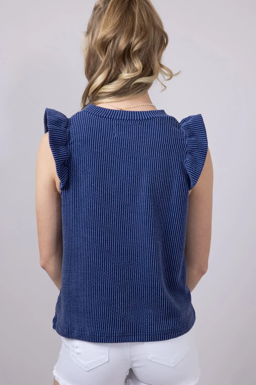 Simply Southern Urban Ribbed Knit Ruffled Sleeve Top for Women in Navy | PP-0125-TEE-KNT-RFL-NAVY