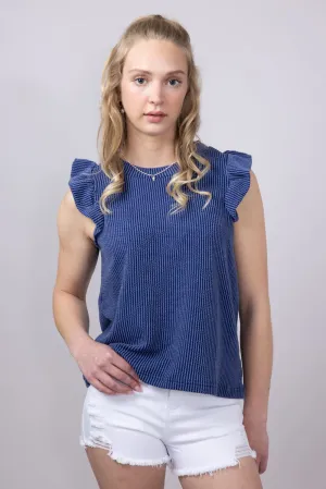 Simply Southern Urban Ribbed Knit Ruffled Sleeve Top for Women in Navy | PP-0125-TEE-KNT-RFL-NAVY