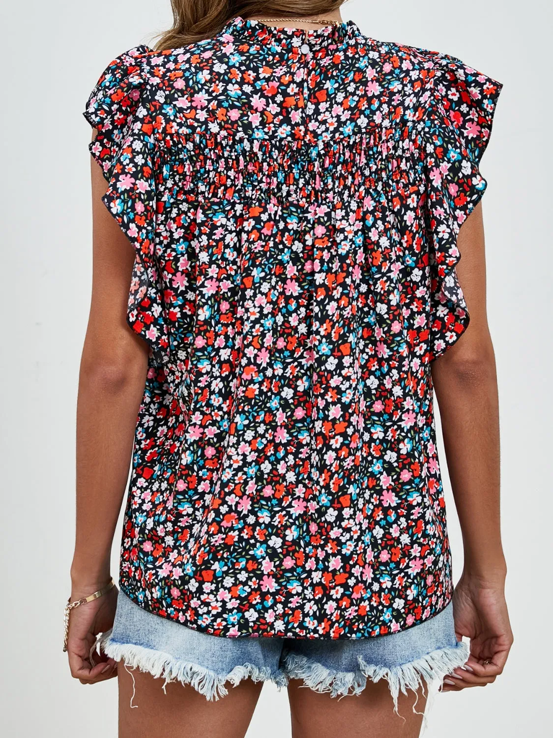 Sivan Ruffled Ditsy Floral Mock Neck Cap Sleeve Blouse