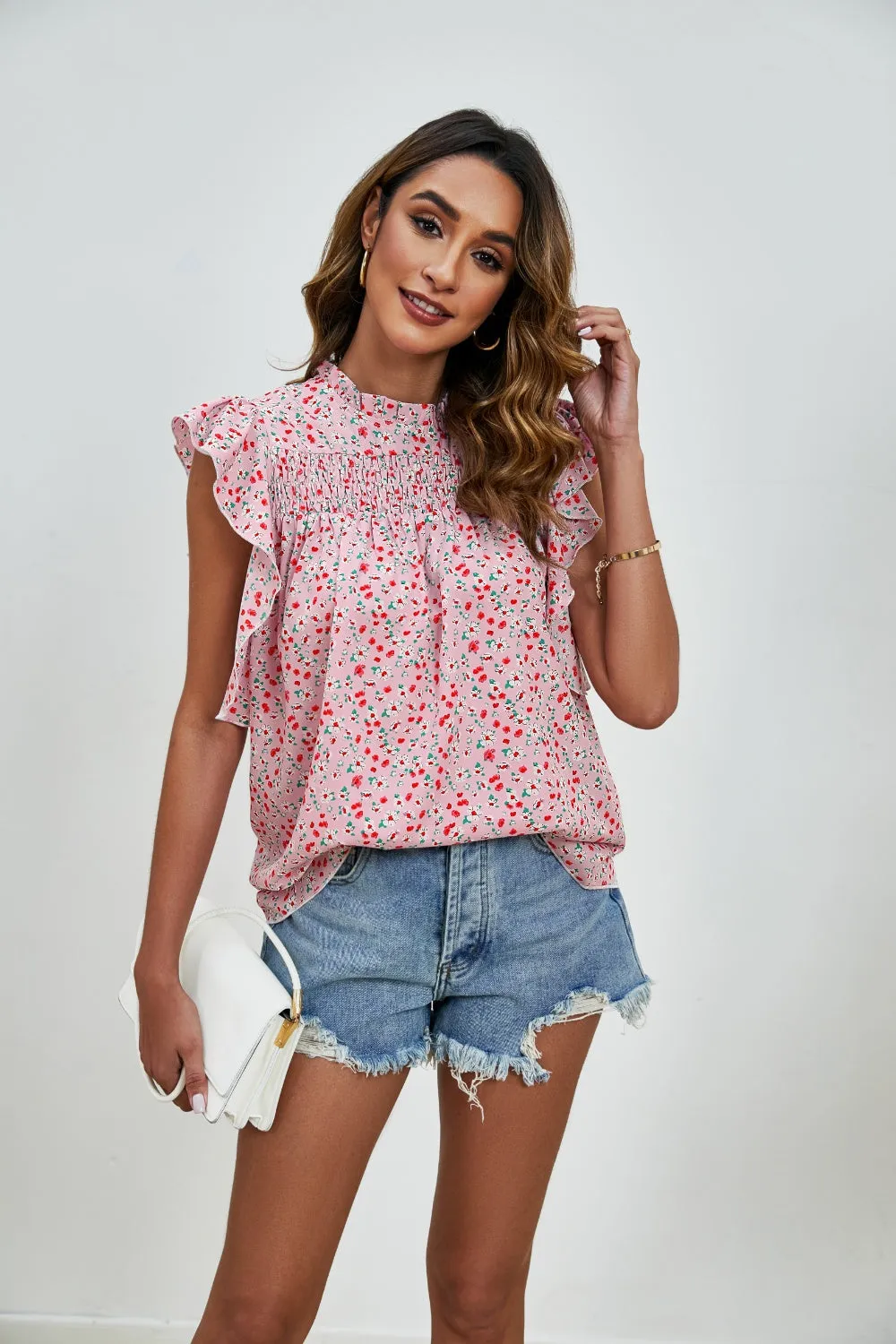 Sivan Ruffled Ditsy Floral Mock Neck Cap Sleeve Blouse