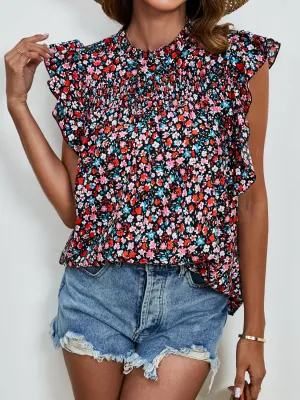 Sivan Ruffled Ditsy Floral Mock Neck Cap Sleeve Blouse