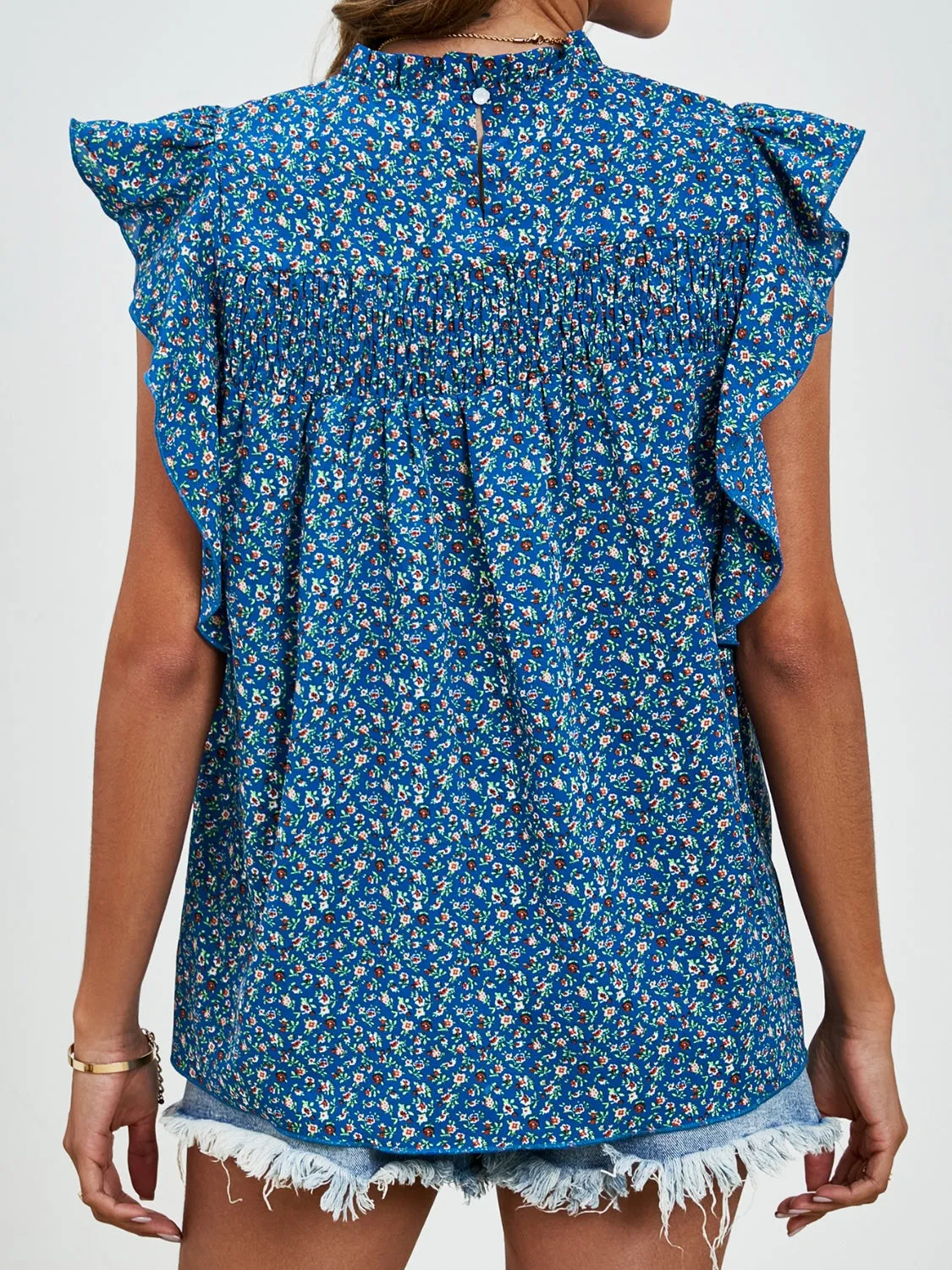 Sivan Ruffled Ditsy Floral Mock Neck Cap Sleeve Blouse