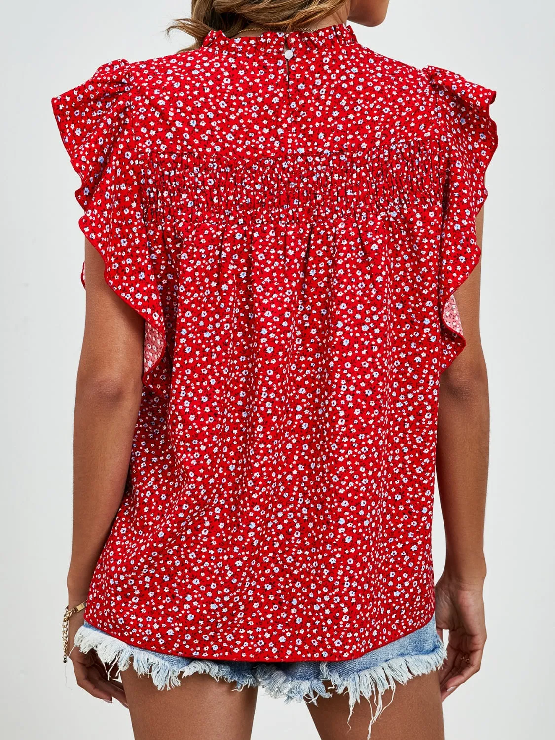 Sivan Ruffled Ditsy Floral Mock Neck Cap Sleeve Blouse