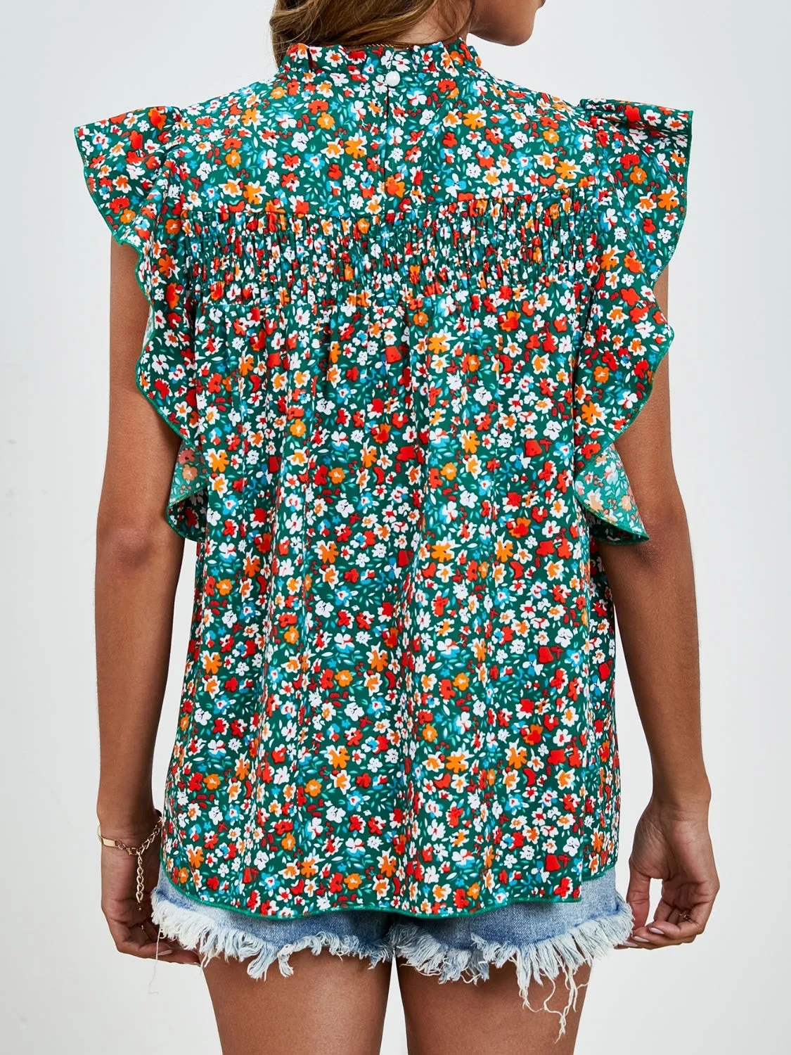 Sivan Ruffled Ditsy Floral Mock Neck Cap Sleeve Blouse