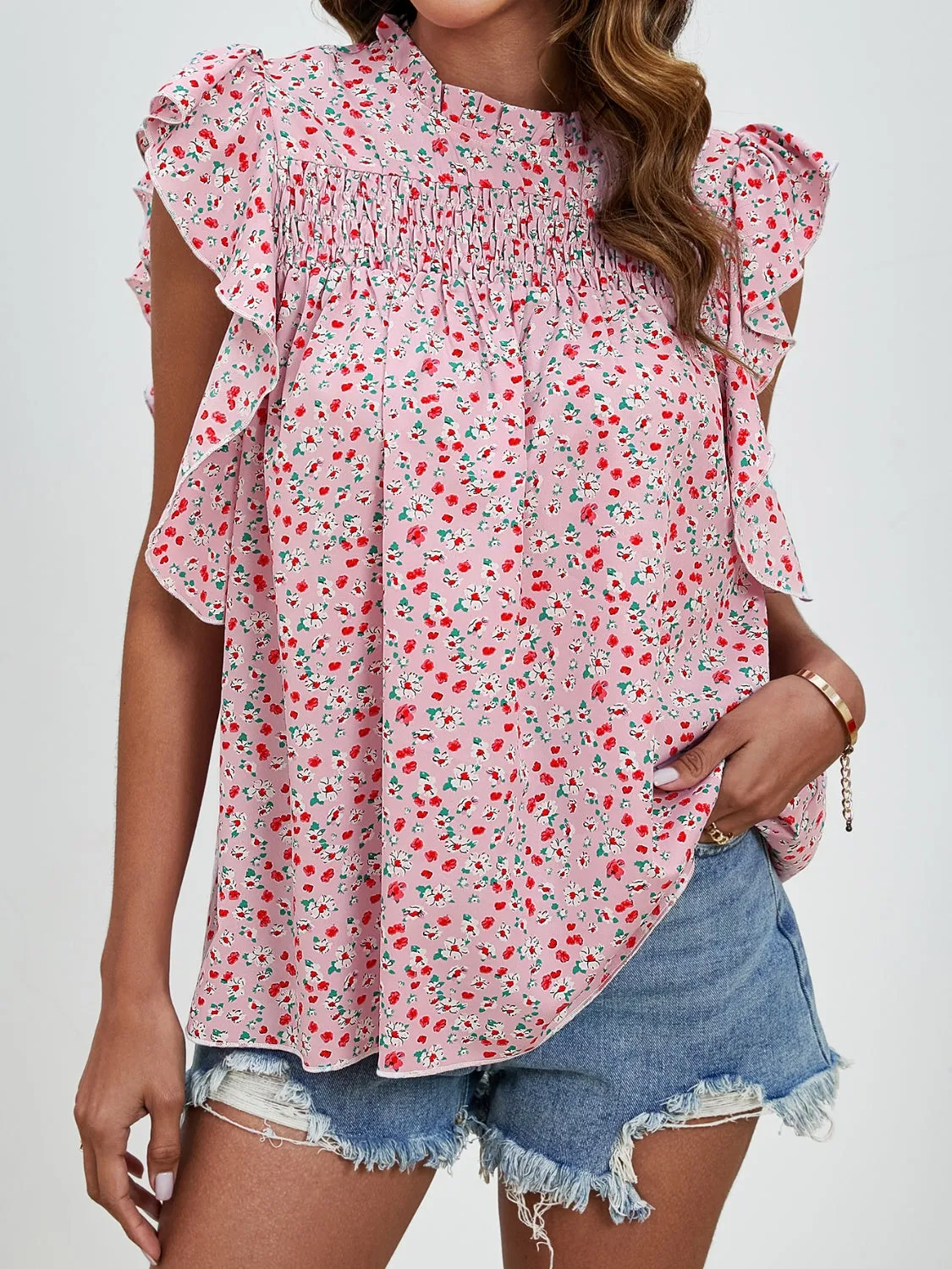Sivan Ruffled Ditsy Floral Mock Neck Cap Sleeve Blouse