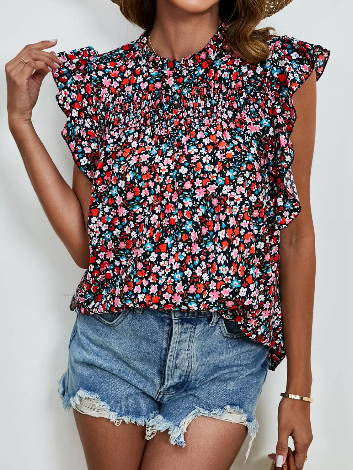 Sivan Ruffled Ditsy Floral Mock Neck Cap Sleeve Blouse