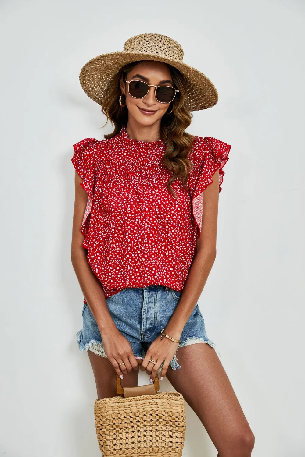 Sivan Ruffled Ditsy Floral Mock Neck Cap Sleeve Blouse