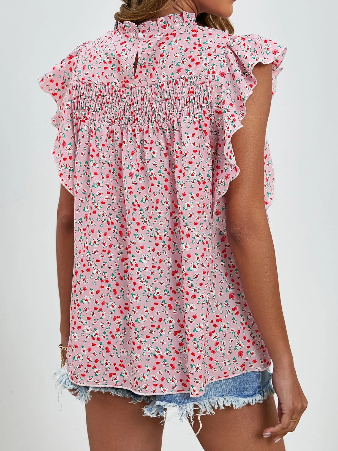 Sivan Ruffled Ditsy Floral Mock Neck Cap Sleeve Blouse