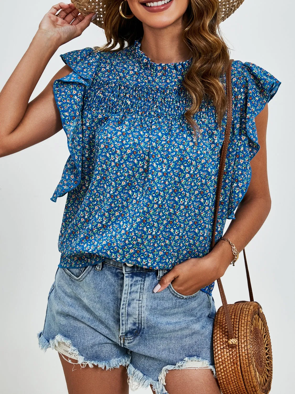 Sivan Ruffled Ditsy Floral Mock Neck Cap Sleeve Blouse