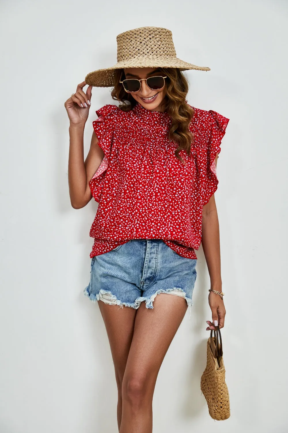 Sivan Ruffled Ditsy Floral Mock Neck Cap Sleeve Blouse