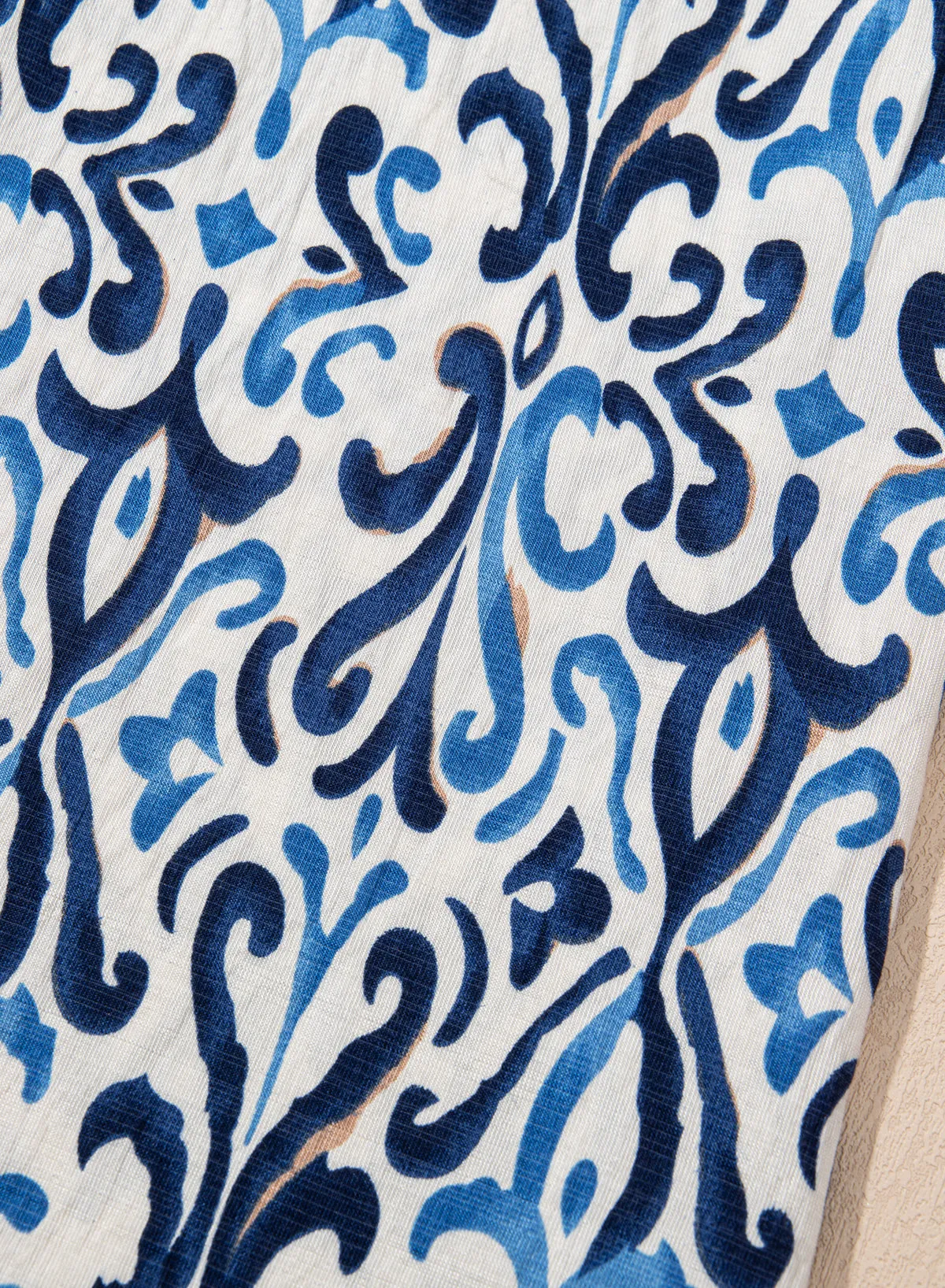 Sky Blue Boho Abstract Print Pintuck Detail Ruffled Top