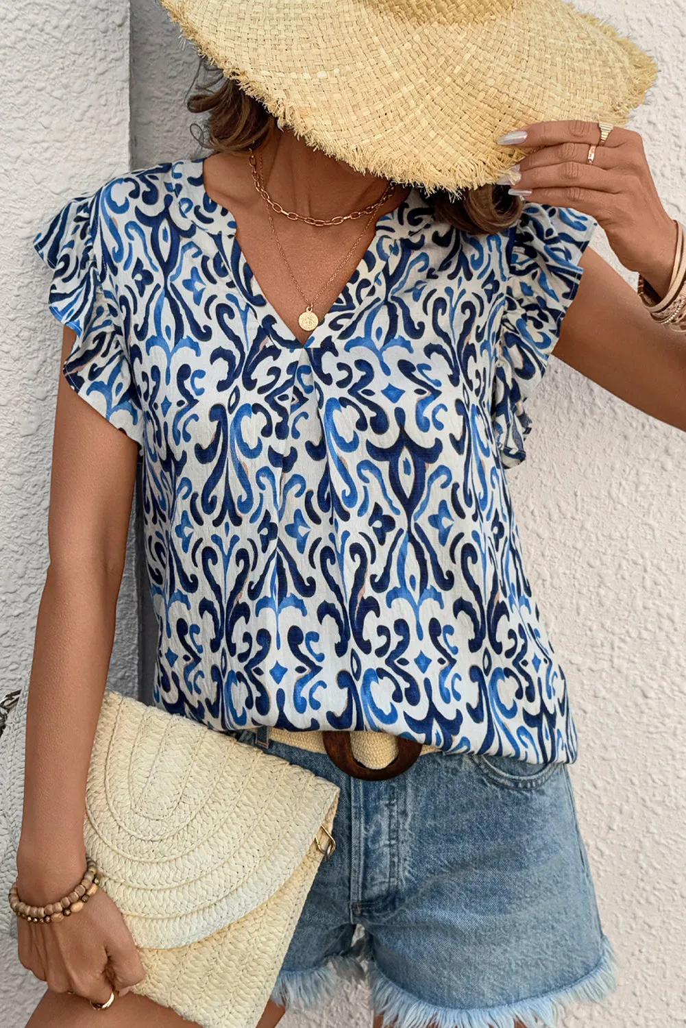 Sky Blue Boho Abstract Print Pintuck Detail Ruffled Top