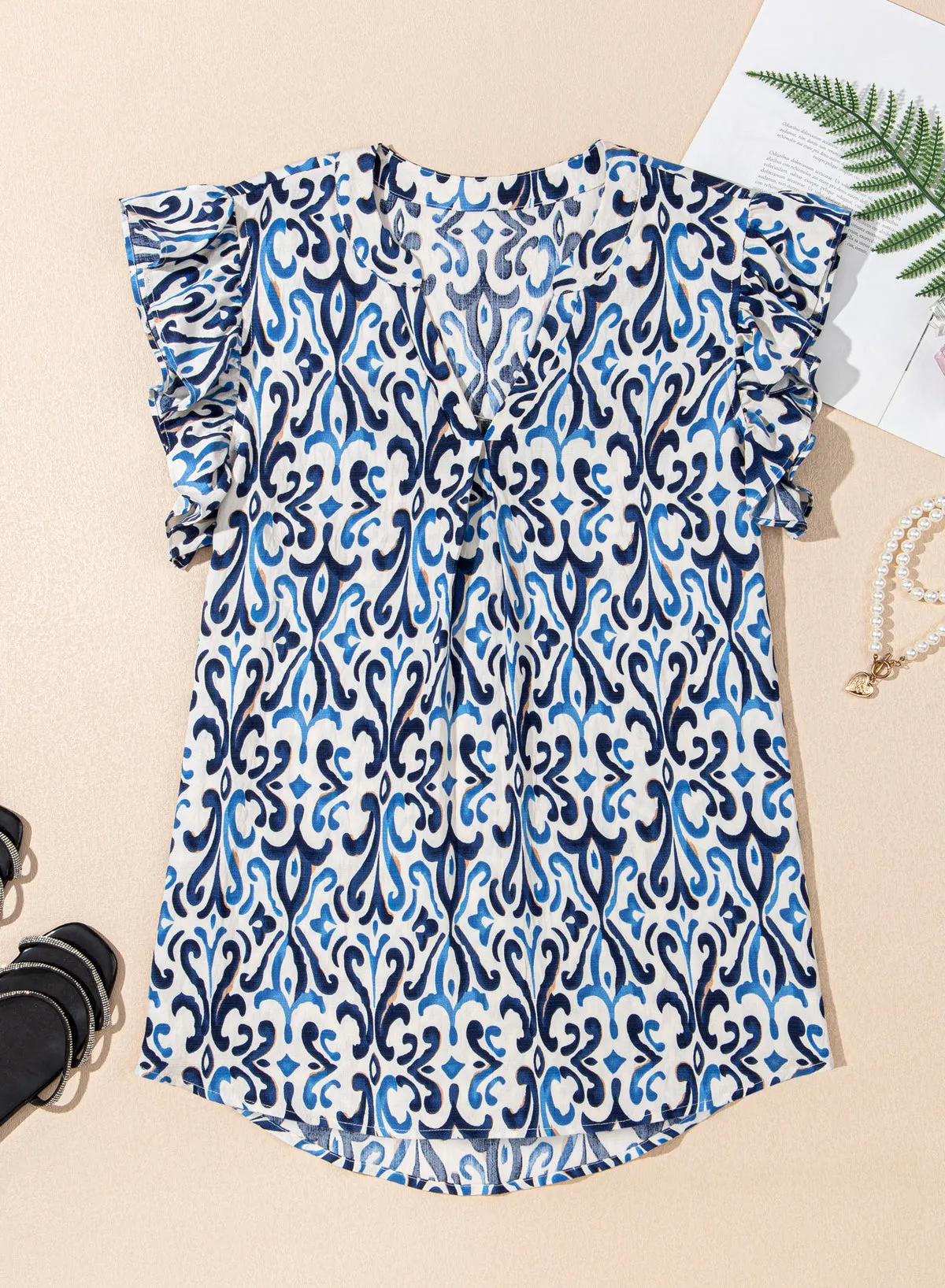 Sky Blue Boho Abstract Print Pintuck Detail Ruffled Top