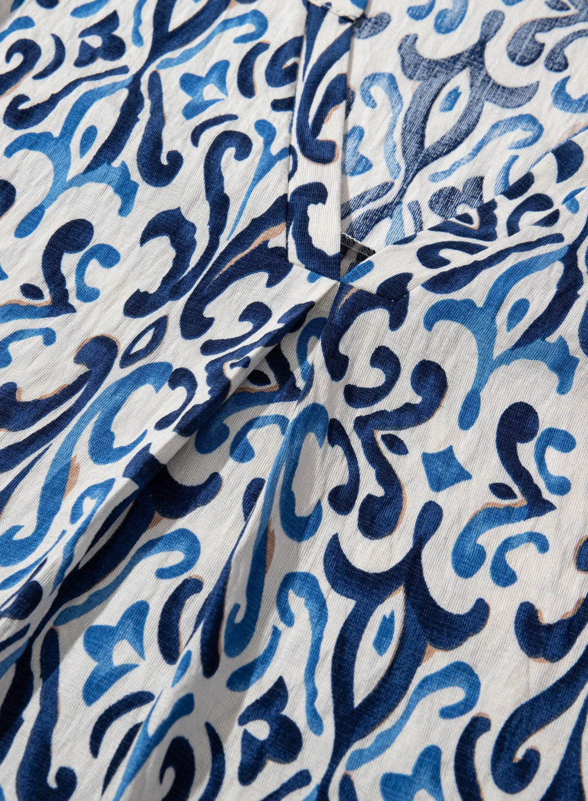 Sky Blue Boho Abstract Print Pintuck Detail Ruffled Top