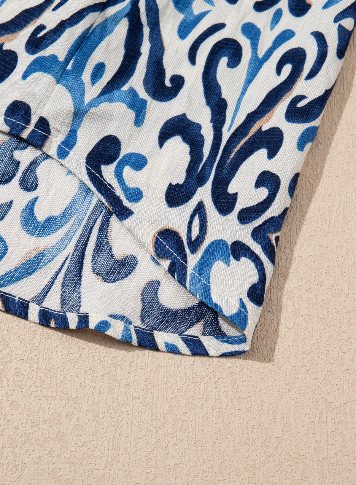 Sky Blue Boho Abstract Print Pintuck Detail Ruffled Top