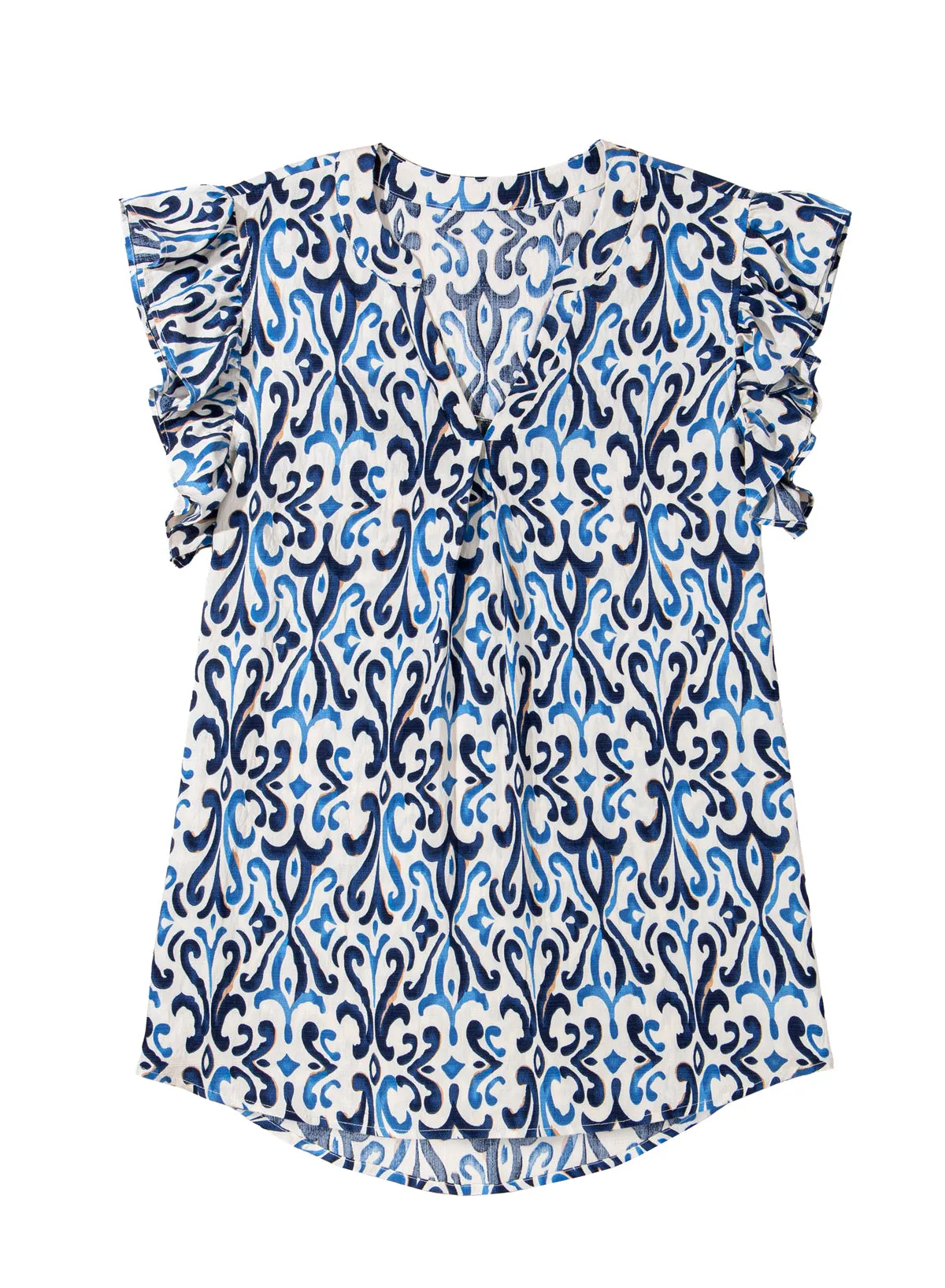 Sky Blue Boho Abstract Print Pintuck Detail Ruffled Top