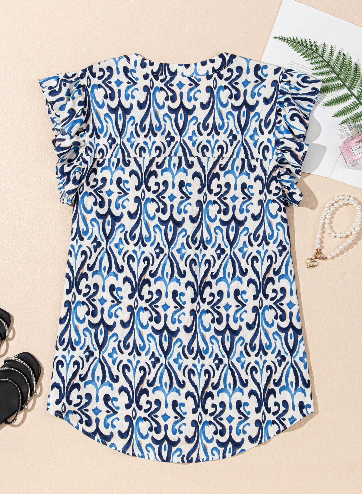 Sky Blue Boho Abstract Print Pintuck Detail Ruffled Top