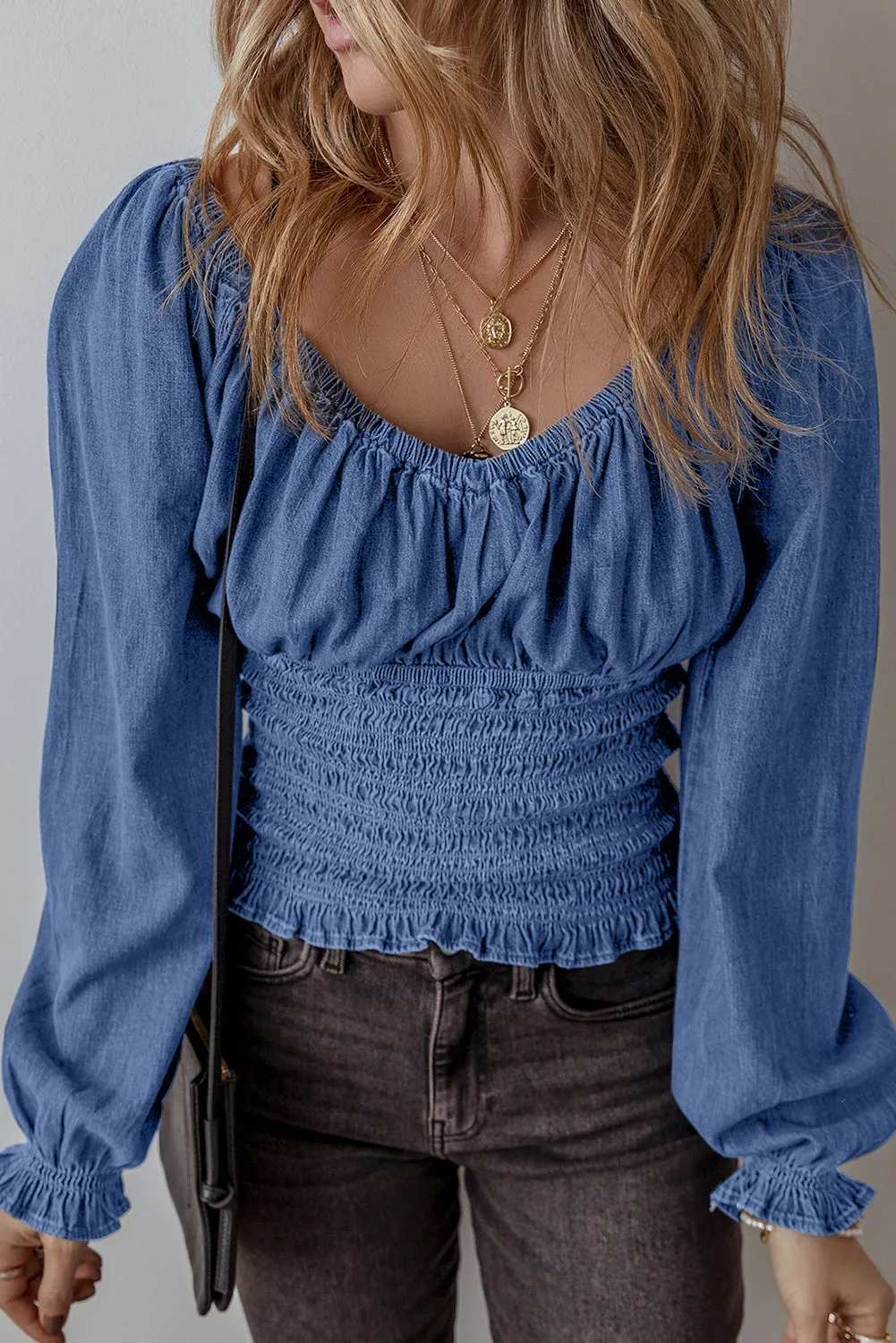Sky Blue Smocked Ruffled Puff Sleeve V Neck Denim Blouse