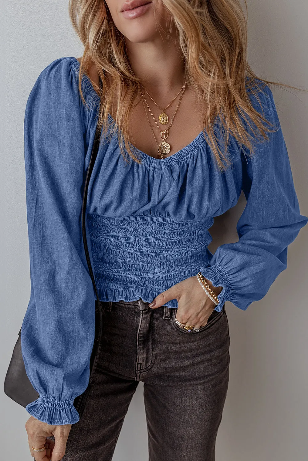 Sky Blue Smocked Ruffled Puff Sleeve V Neck Denim Blouse