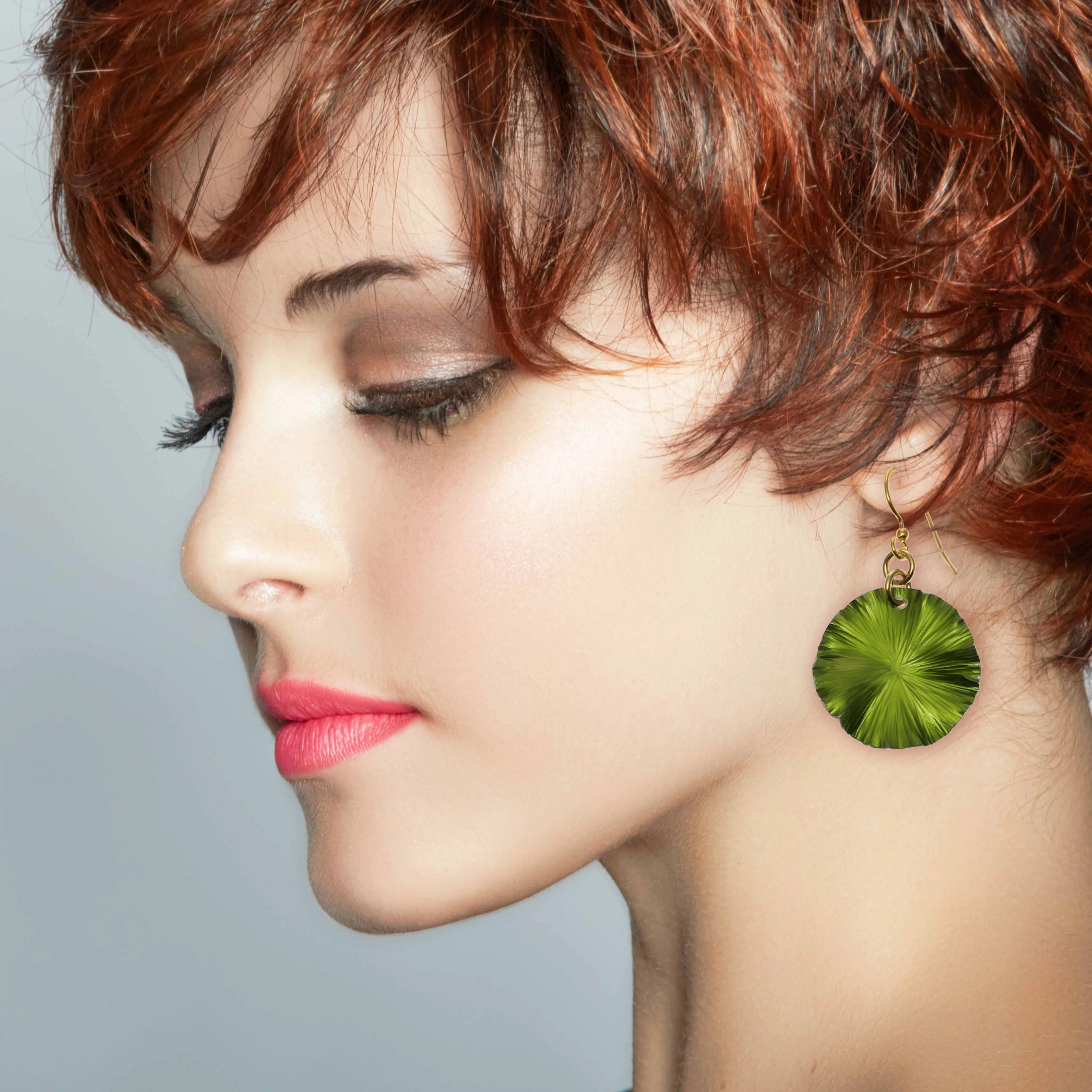 Small Lime Green Anodized Aluminum Lily Pad Leaf Drop Earrings