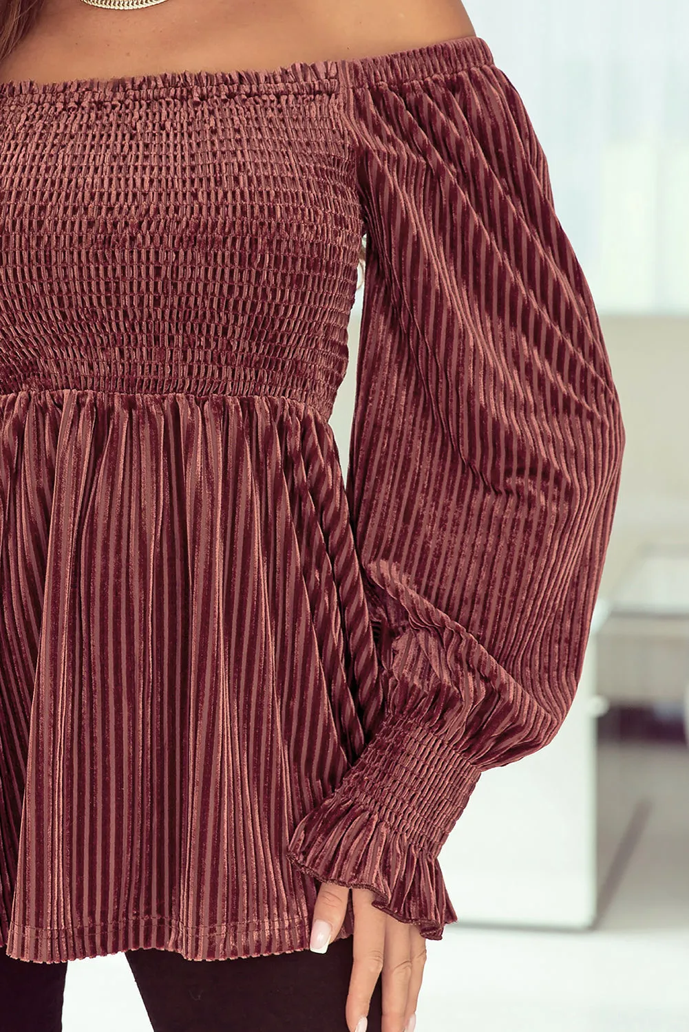Smocked Ribbed Velvet Babydoll Top