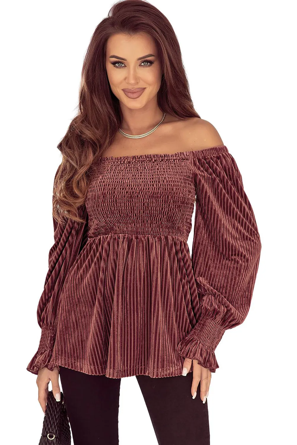 Smocked Ribbed Velvet Babydoll Top