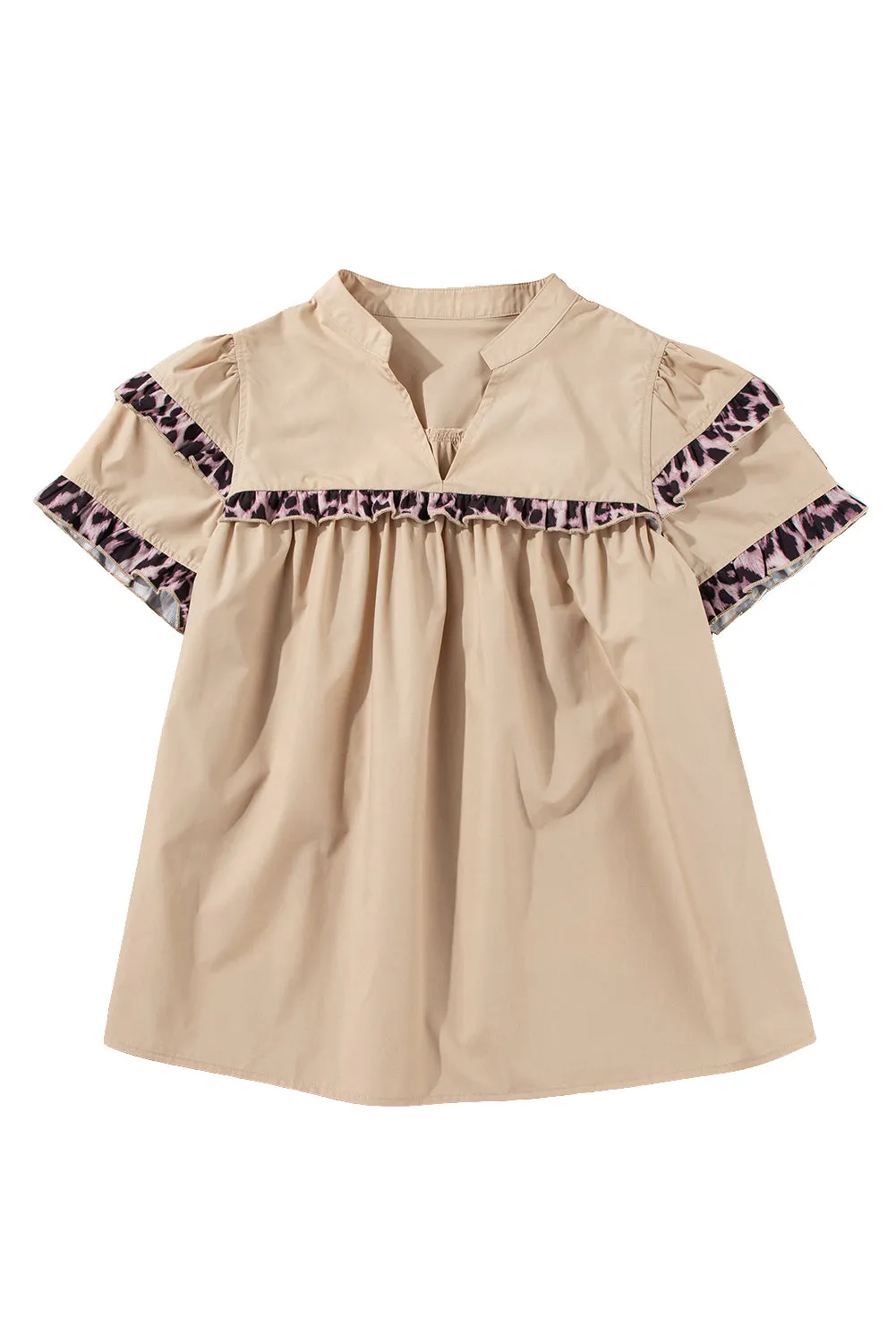 Smoke Gray Leopard Ruffles Trim Tiered Short Sleeve Blouse