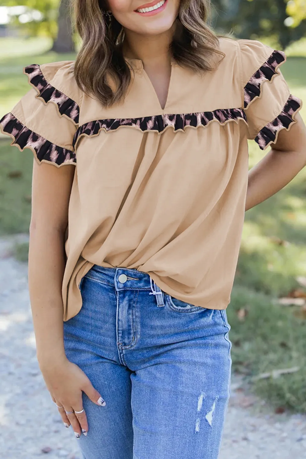 Smoke Gray Leopard Ruffles Trim Tiered Short Sleeve Blouse