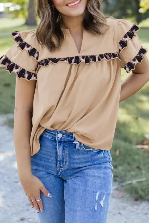 Smoke Gray Leopard Ruffles Trim Tiered Short Sleeve Blouse