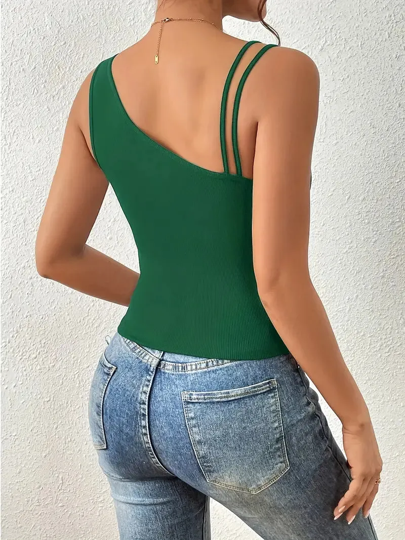 Solid Color Asymmetrical Cami Top with Slanted Neckline 
